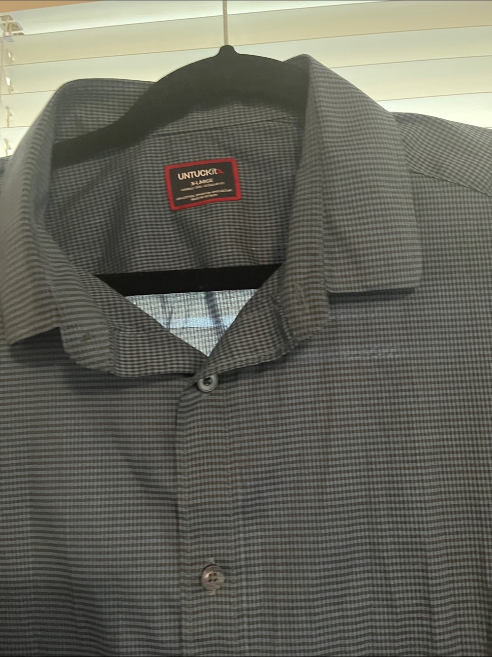 UNTUCKit Men's Gray & Blue Micro -Check Casual Button-Down Shirt Wrinkle free XL